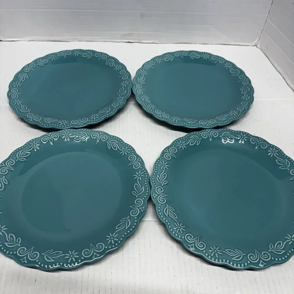 Pioneer Woman Teal Salad Plates Set of 4 Floral Scalloped Stoneware 9”